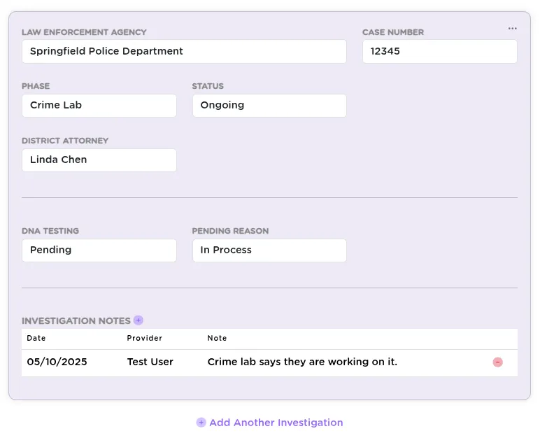 The investigation details form in StriveDB showing fields for law enforcement agency, case number, and investigation phase