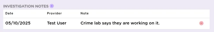 The investigation notes section in StriveDB with a free-form text field for documenting case updates and law enforcement communications