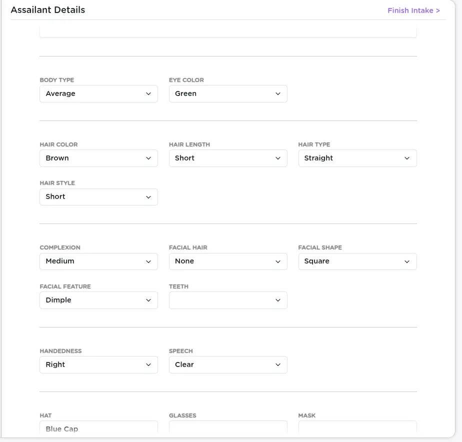 StriveDB assailant form showing fields for name, relationship to survivor, physical description, and vehicle information