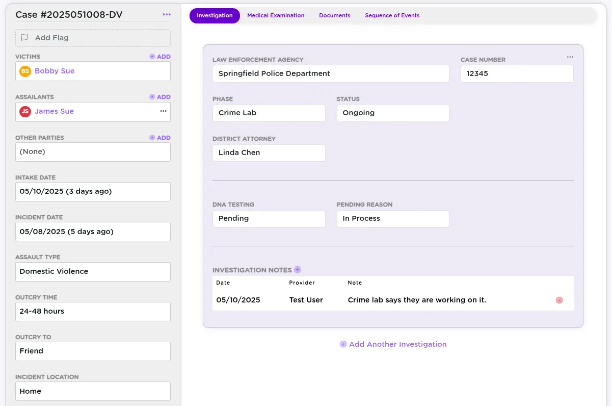 StriveDB case detail page showing tabs for investigations, medical exams, documents, assailants, and secondary victims