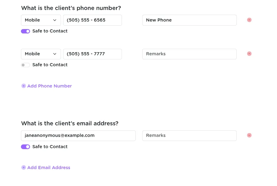 StriveDB client profile form showing fields for name, demographics, addresses, phone numbers with safe-to-contact checkboxes, and referral details
