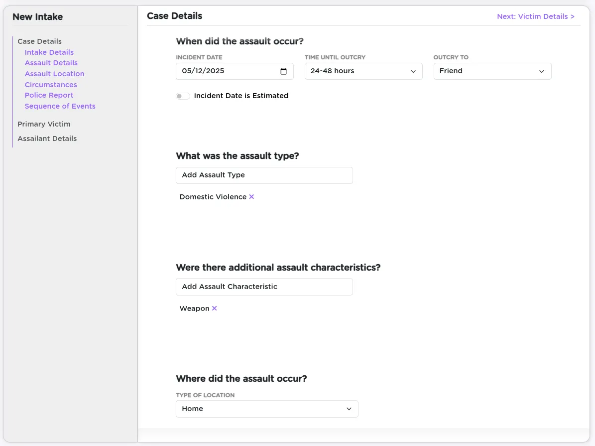 StriveDB intake form showing fields for incident timing, assault details, location, and client circumstances