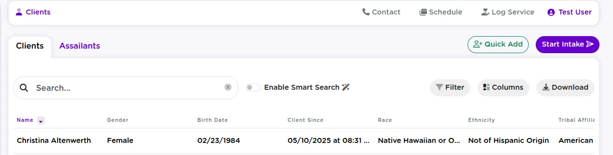 StriveDB cases table showing the Start Intake button options from the People and Advocacy tabs