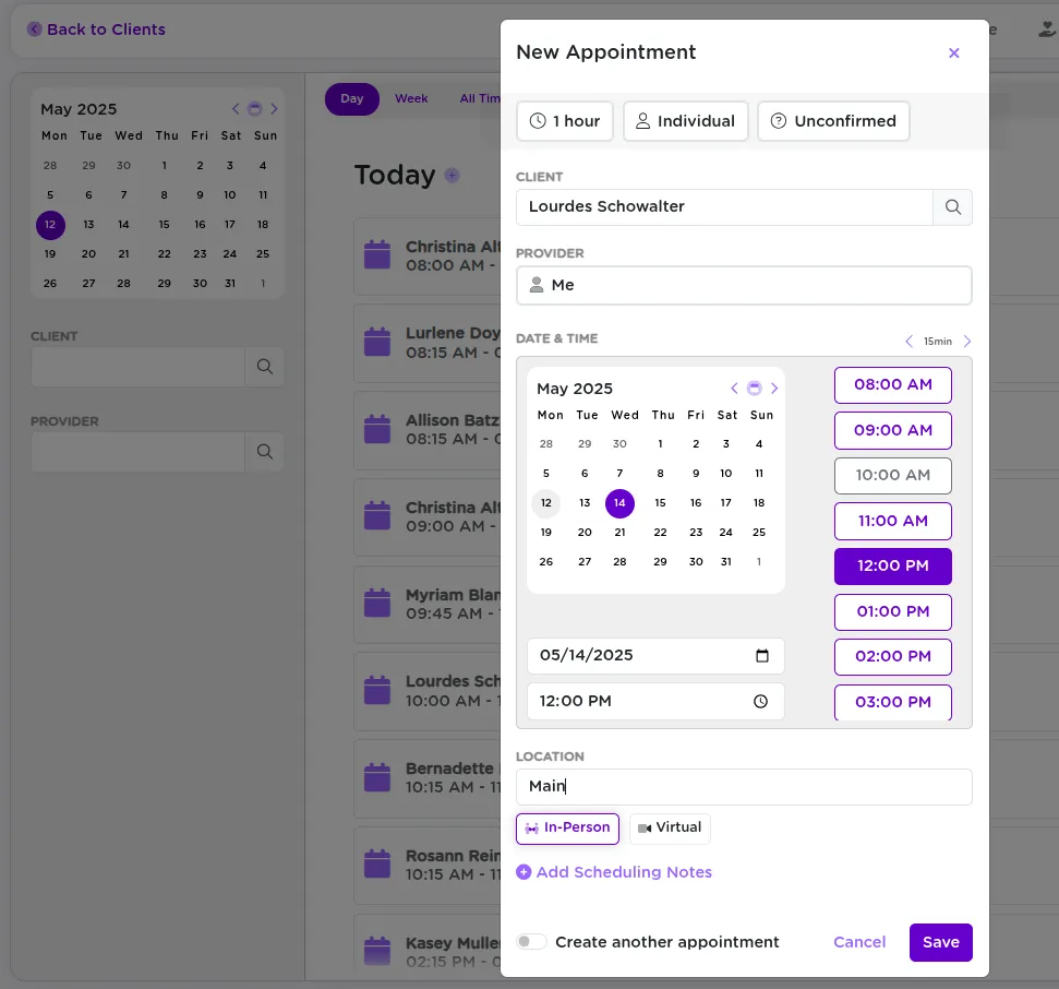 StriveDB appointment detail page showing date, time, attendees, status, and options to reschedule or mark complete