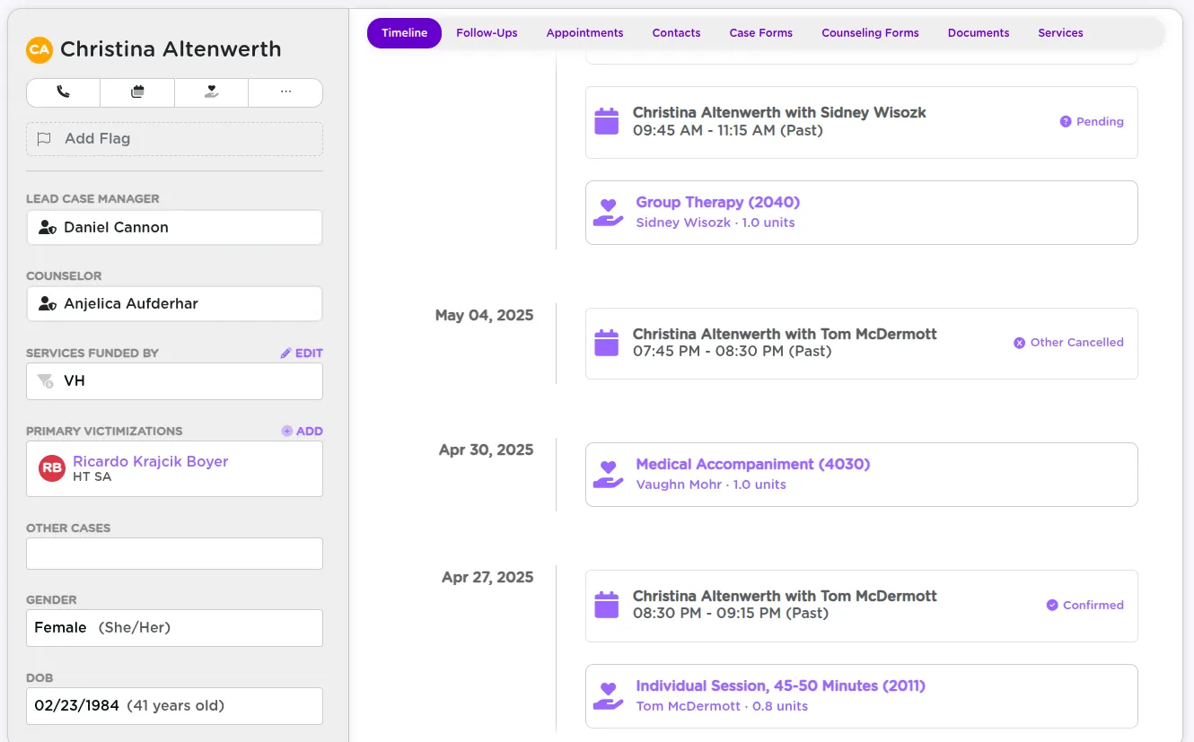StriveDB case timeline showing a chronological view of services, contacts, and documents attached to a case