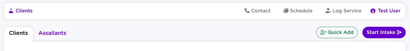 StriveDB top bar showing quick-action shortcuts for logging contacts, scheduling appointments, and logging services