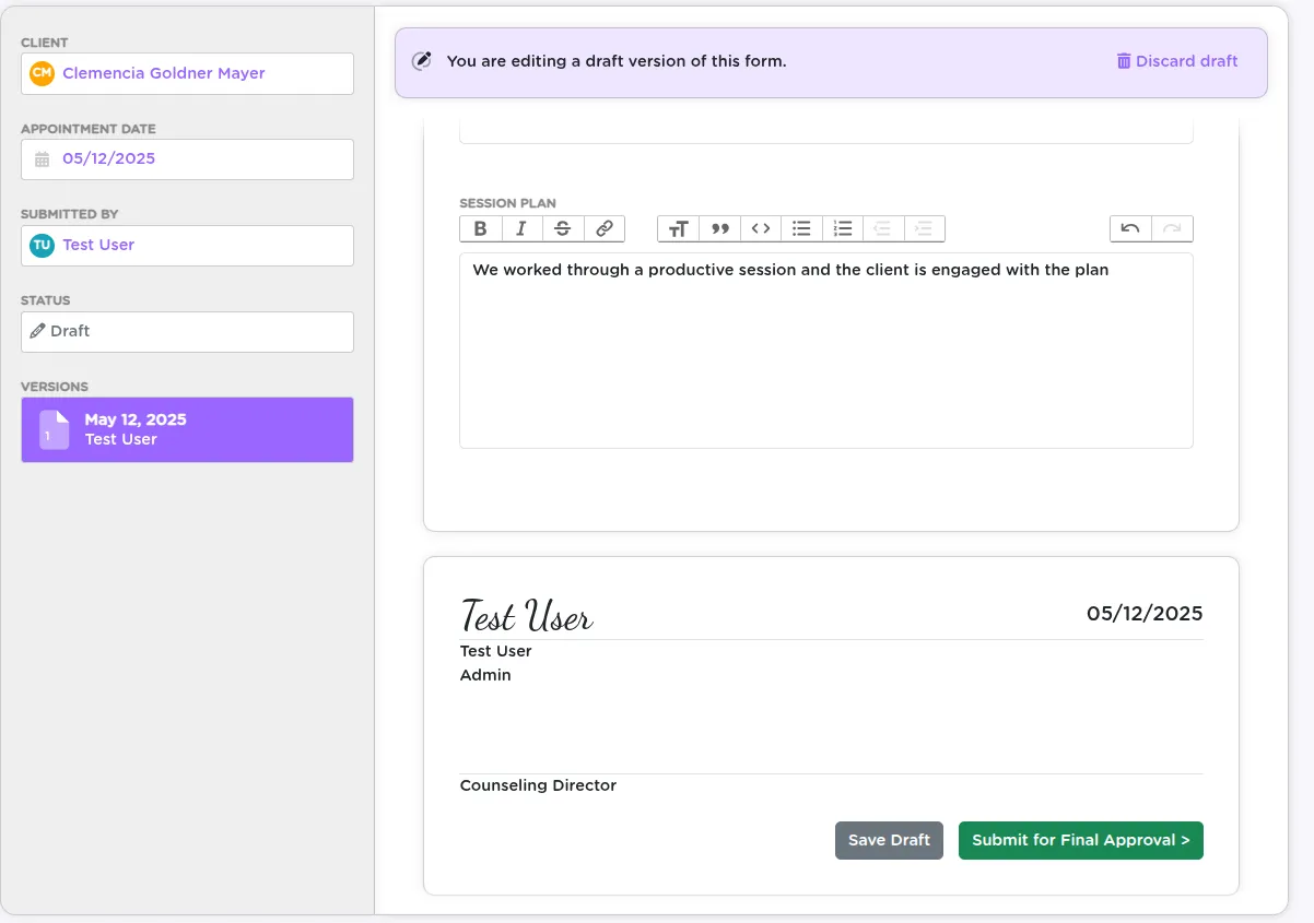 StriveDB counseling form editor showing a structured questionnaire with field sections and a save button