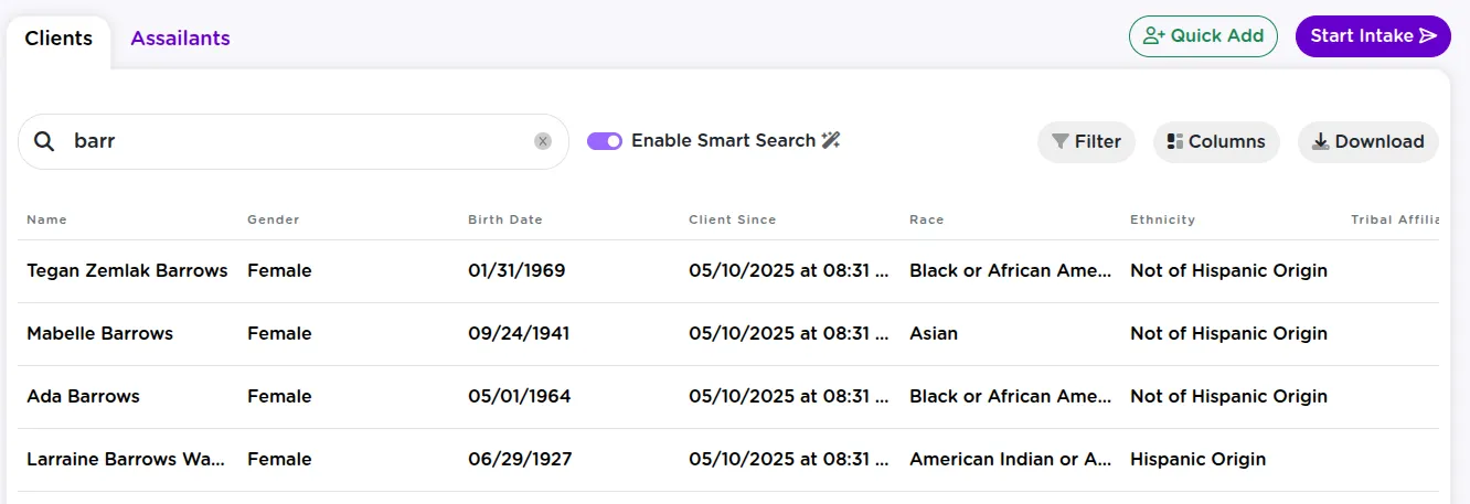 StriveDB People directory listing clients with search filters and sorting options