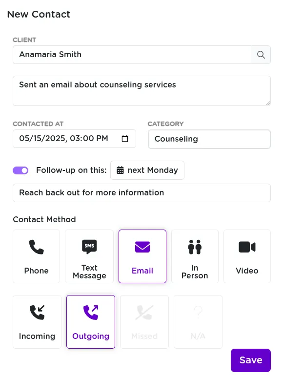 The contact logging form in StriveDB with fields for client, contact type, date and time, category, and notes