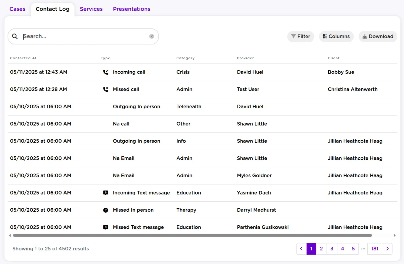 A client's contact log in StriveDB showing a chronological list of all logged interactions including calls, emails, and meetings