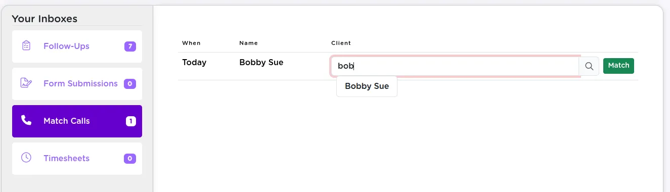 The match contact interface in StriveDB allowing authorized staff to link an unmatched contact record to an existing client profile