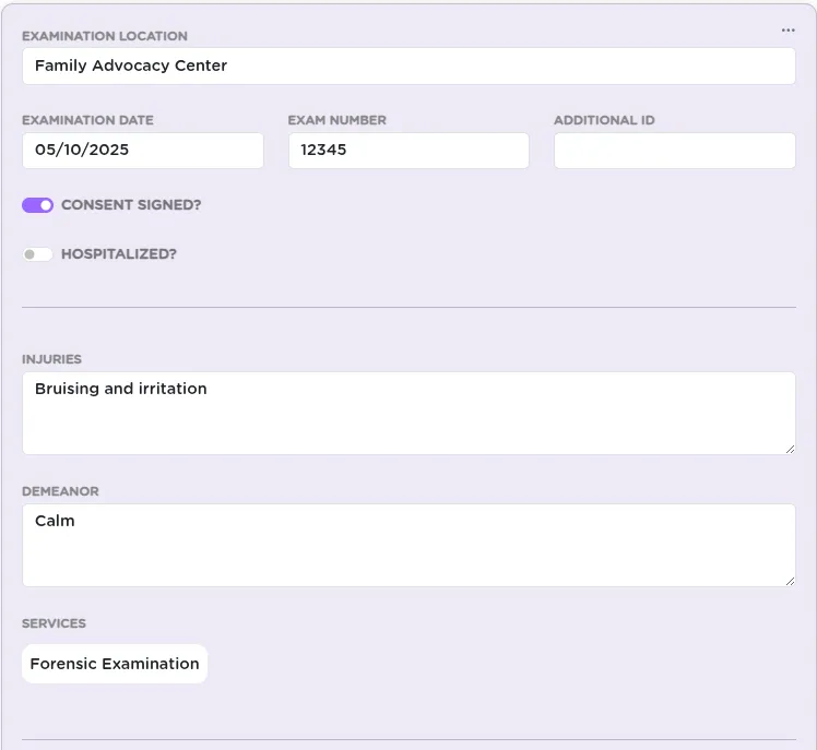 StriveDB medical exam form showing fields for location, date, exam number, consent, hospitalization status, notes, and nurse assignments