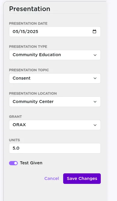 The presentation detail form in StriveDB showing fields for date, type, topic, location, grant, units of service, and pre/post test options