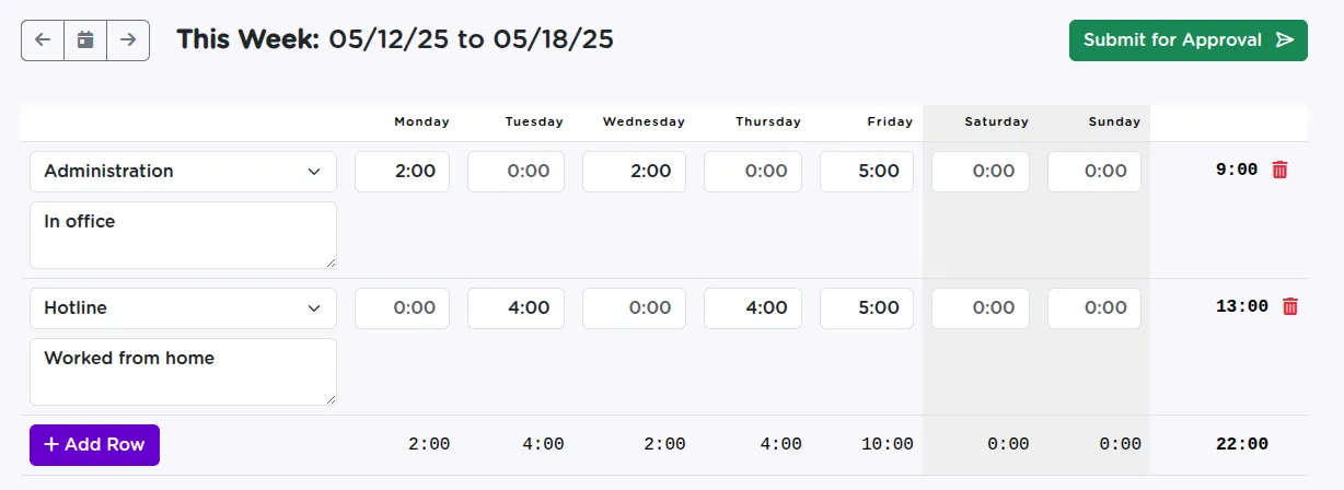 The volunteer weekly timesheet in StriveDB showing task rows, location dropdowns, and daily hour entry fields