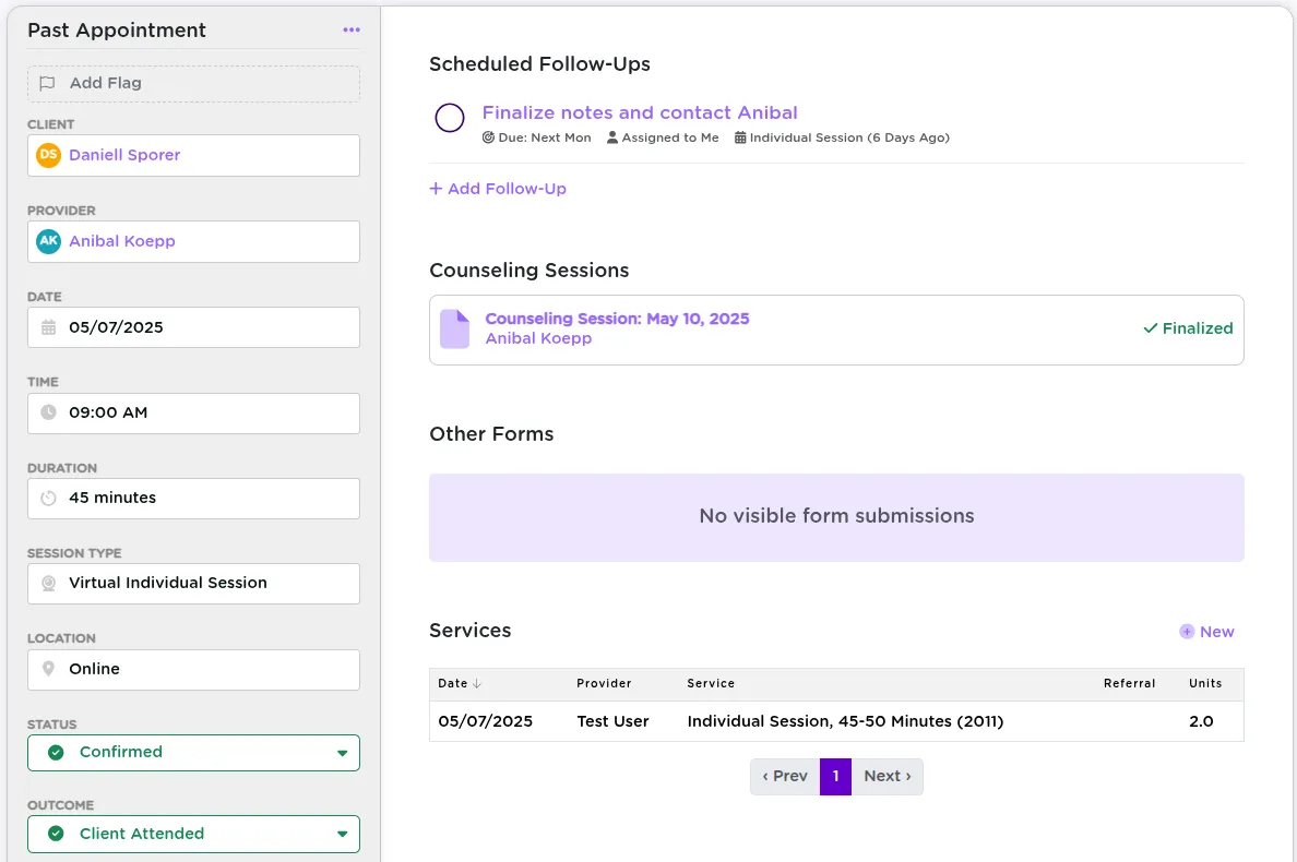 StriveDB appointment detail page showing session information, notes, and options for follow-up tasks