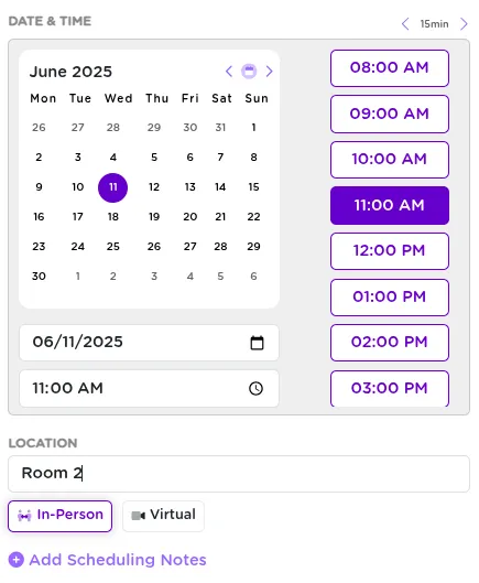 StriveDB calendar widget displaying available time slots with color-coded availability indicators