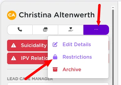 The client profile meatball menu in StriveDB showing the Restrictions option