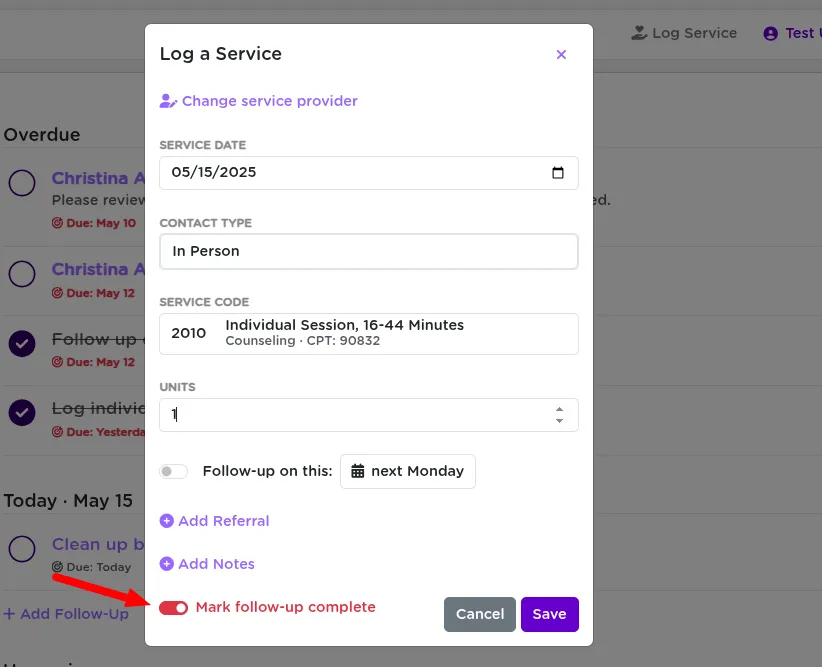 A follow-up detail view in StriveDB showing linked client, appointment, and service action buttons