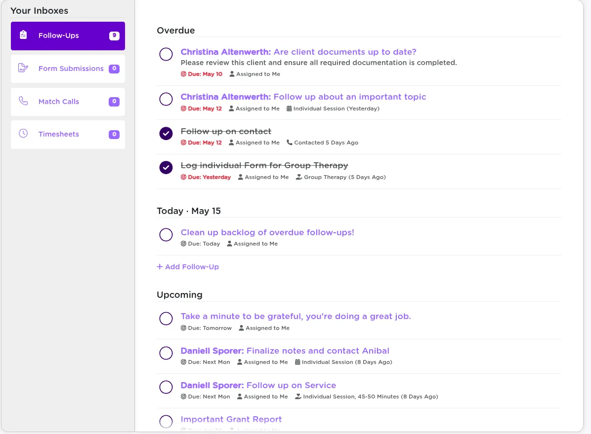 The StriveDB Inbox showing the follow-ups panel organized by Today, Tomorrow, This Week, and Past Due sections