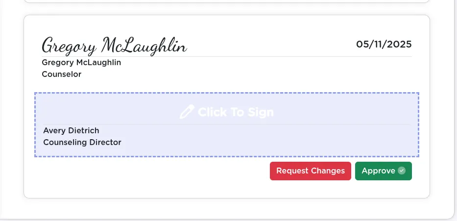 The approval section at the bottom of a session form with the Sign and Approve button and supervisor signature area