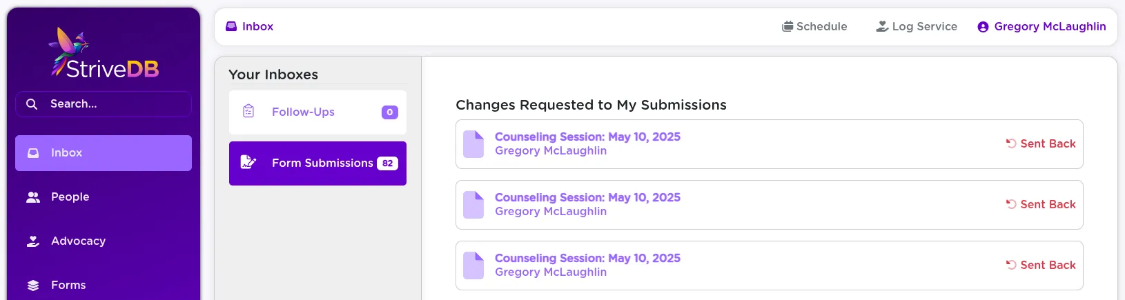 A session form marked as Sent Back with supervisor comments requesting specific revisions to the clinical notes