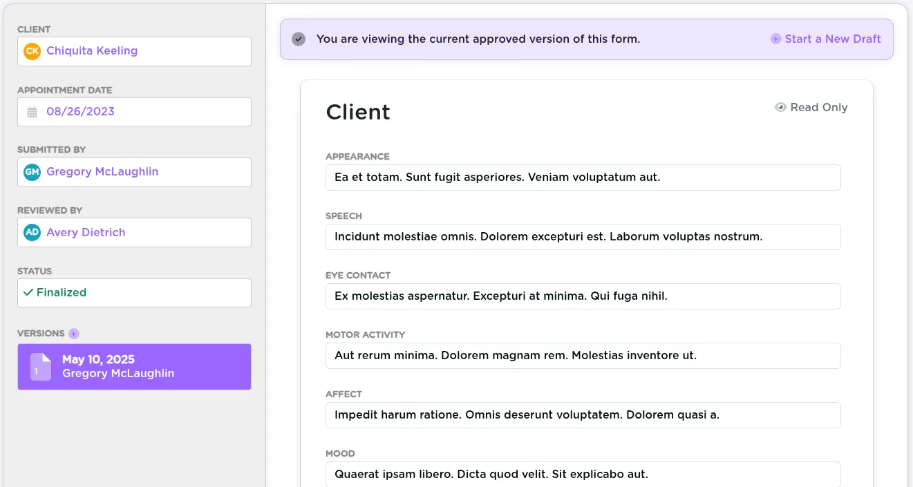 A counseling session form in StriveDB showing fields for session type, clinical impressions, interventions, and notes