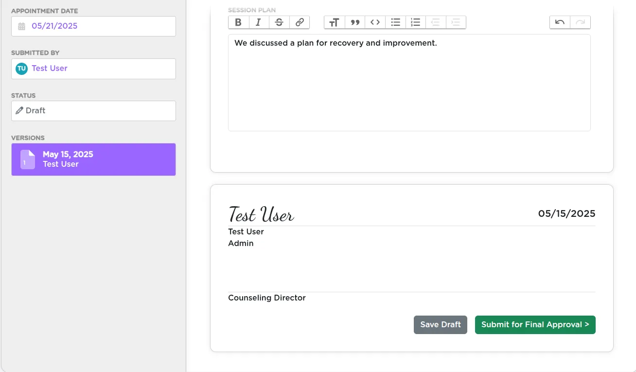 The signature blocks at the bottom of a session form showing both the counselor signature and supervisor approval areas