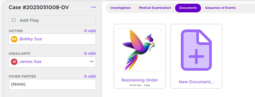 StriveDB case Documents tab showing a list of uploaded files with document type, upload date, and download options