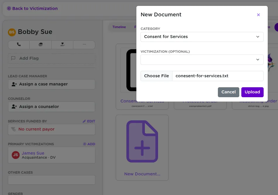 StriveDB client document upload dialog showing document kind dropdown and file selection