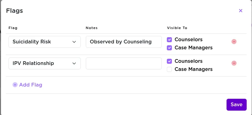 The flag reason dropdown menu showing options like Suicidality, Homicidality, and IPV Relationship