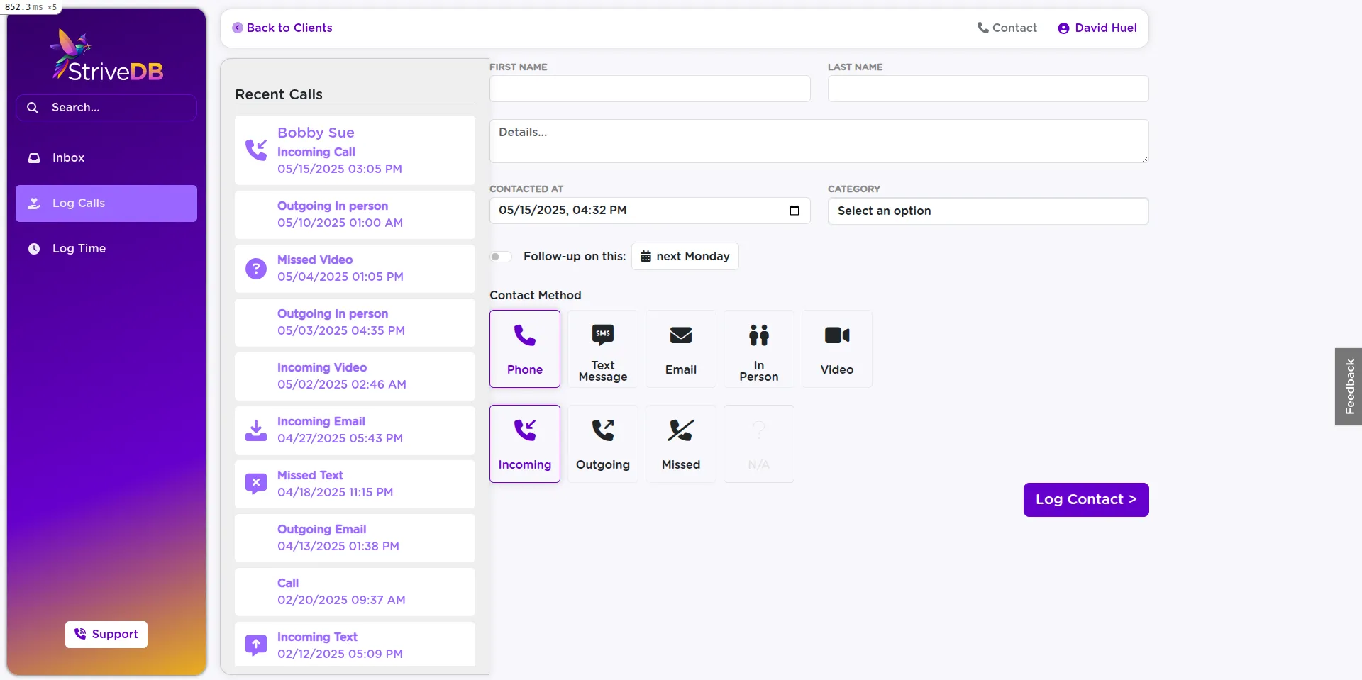 The volunteer call logging form in StriveDB showing caller name, contact type, date and time, and notes fields