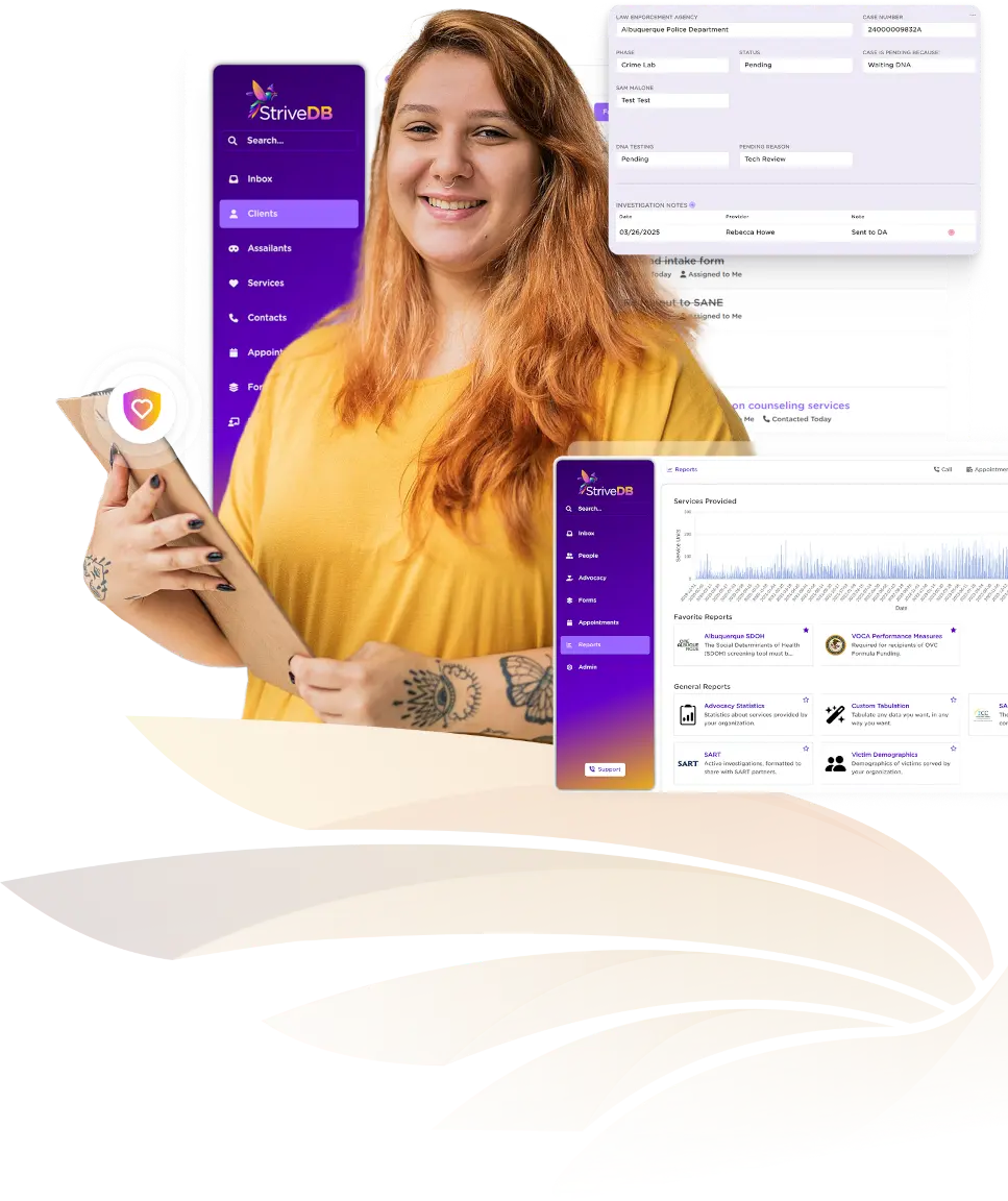 StriveDB case management dashboard showing client data and reporting interface