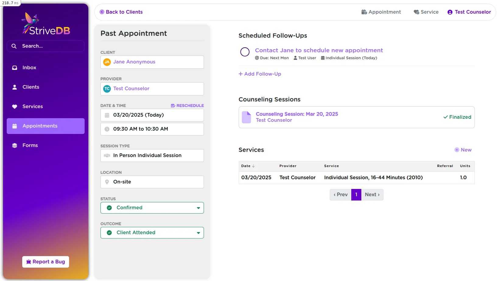 StriveDB counseling appointment tracking